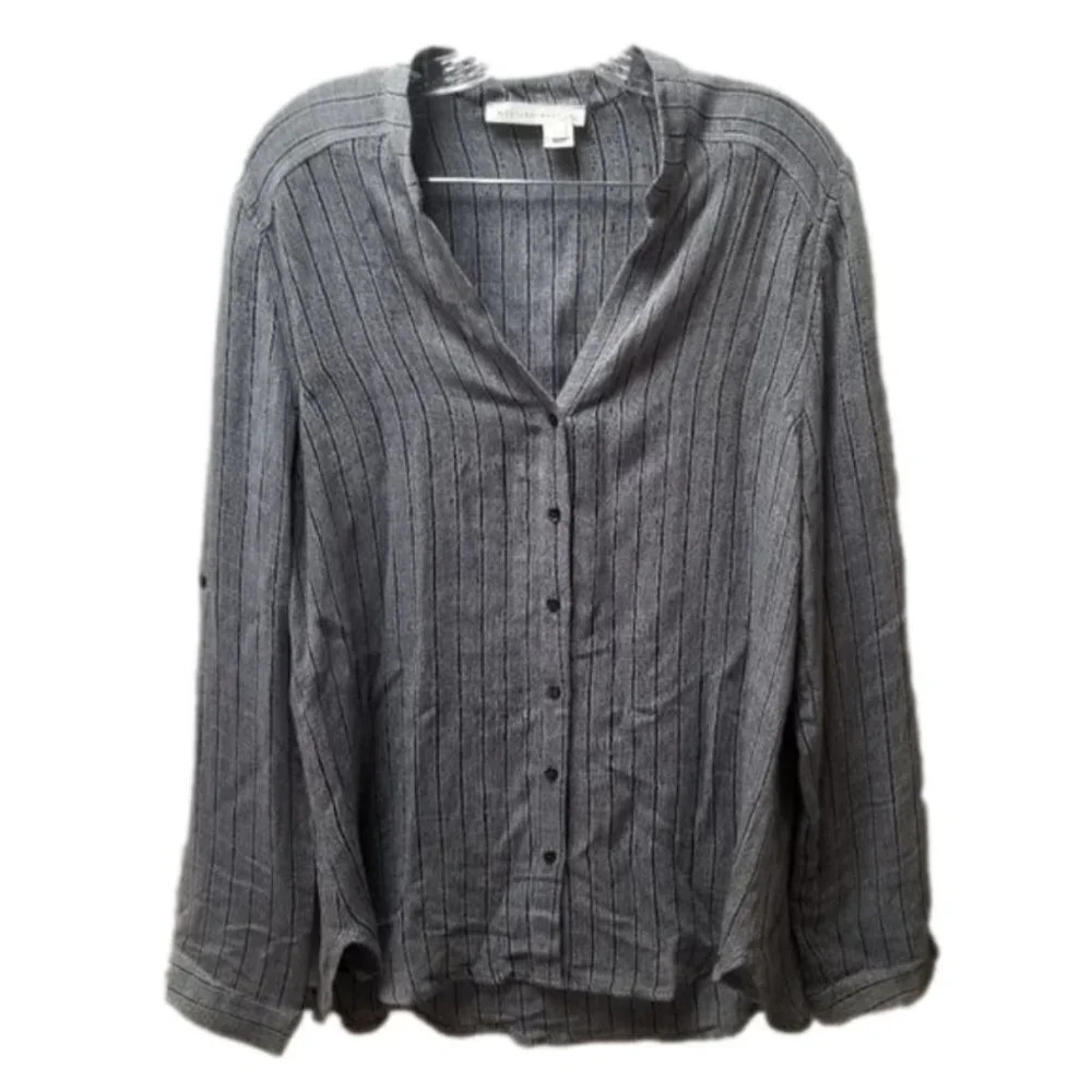 Melissa Nepton 100% Viscose Striped Collarless Button Down Shirt L